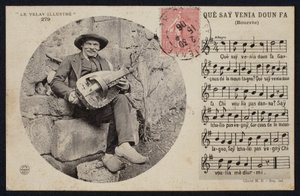 Postal que representa a un organillero y la partitura de una bourrée, c.1900 de French Photographer